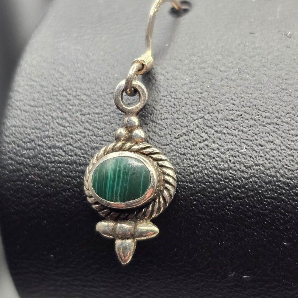 VTG Sterling Silver Southwestern Malachite Dangle Earrings 1" Marked 925 - Picture 2 of 8